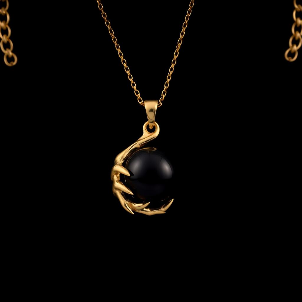 A stunning golden collar featuring a feline paw pendant, artistically holding a shimmering obsidian sphere delicately between its claws