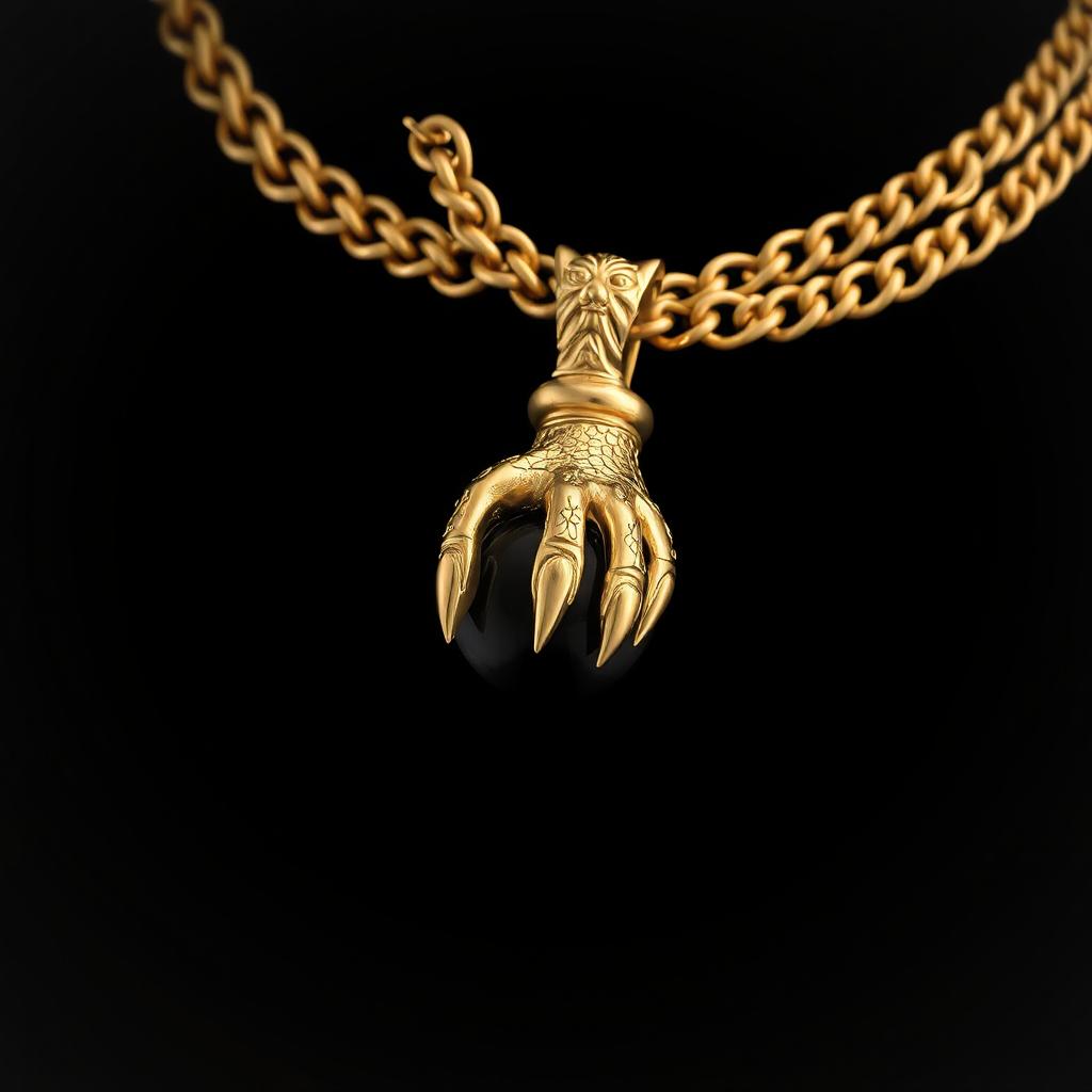 An exquisite golden collar adorned with a feline paw pendant, skillfully grasping a polished obsidian sphere between its claws