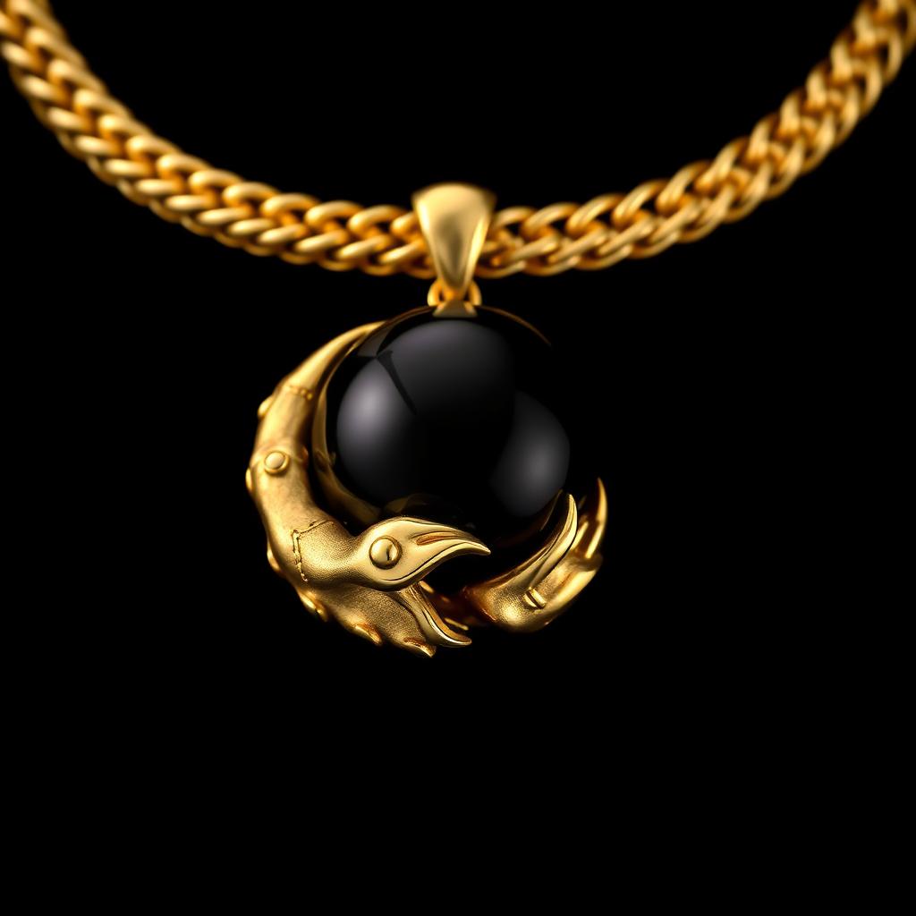 A stunning golden collar featuring a feline paw pendant, expertly designed to clutch a gleaming obsidian sphere within its claws