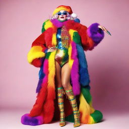 A full-body portrait of a Drag Queen Santa in technicolor, flaunting a rainbow-inspired Santa suit with extravagant accessories, bright makeup, sparkling high-heeled boots, and a multicolored beard.