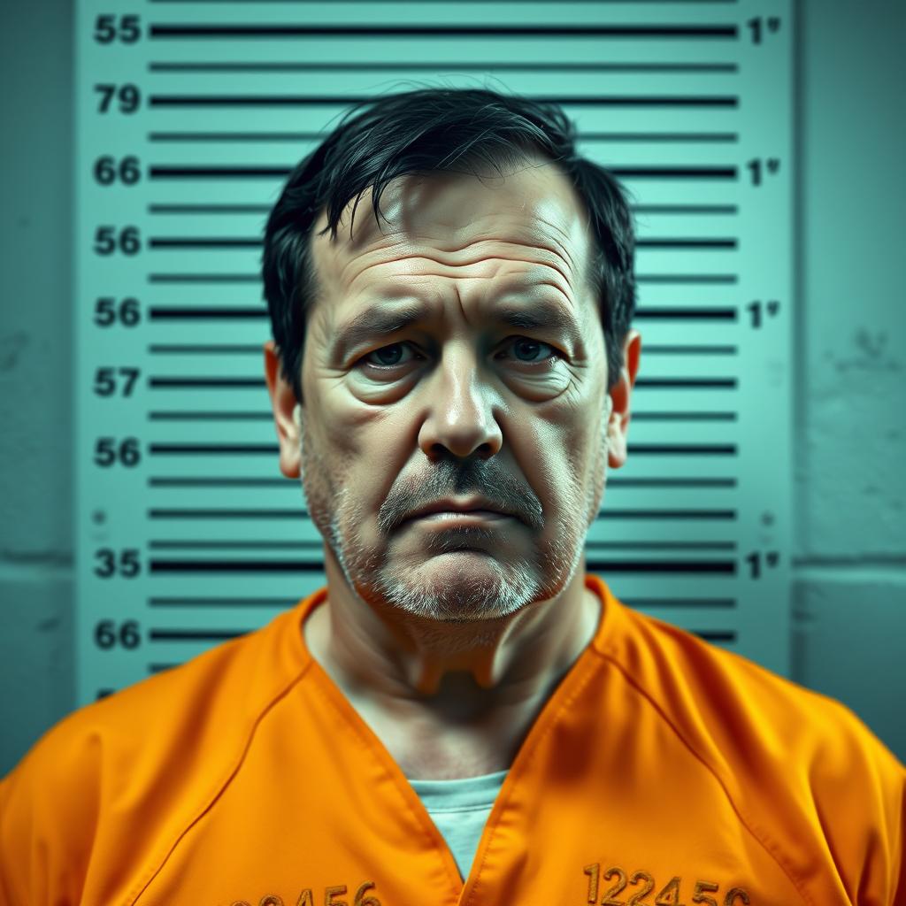A grim prison mugshot of a middle-aged man with a solemn expression