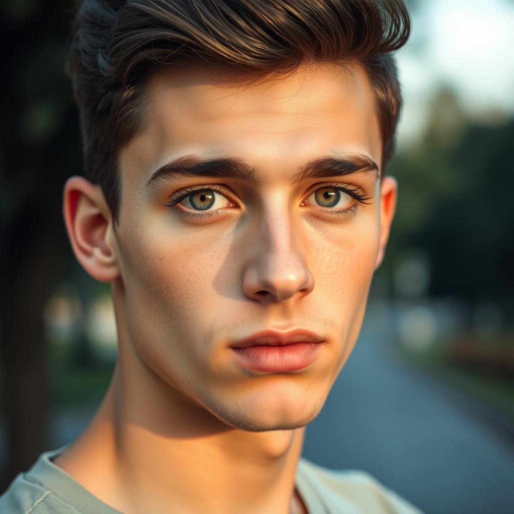 A handsome young man with olive skin and delicate features, around 20 years old