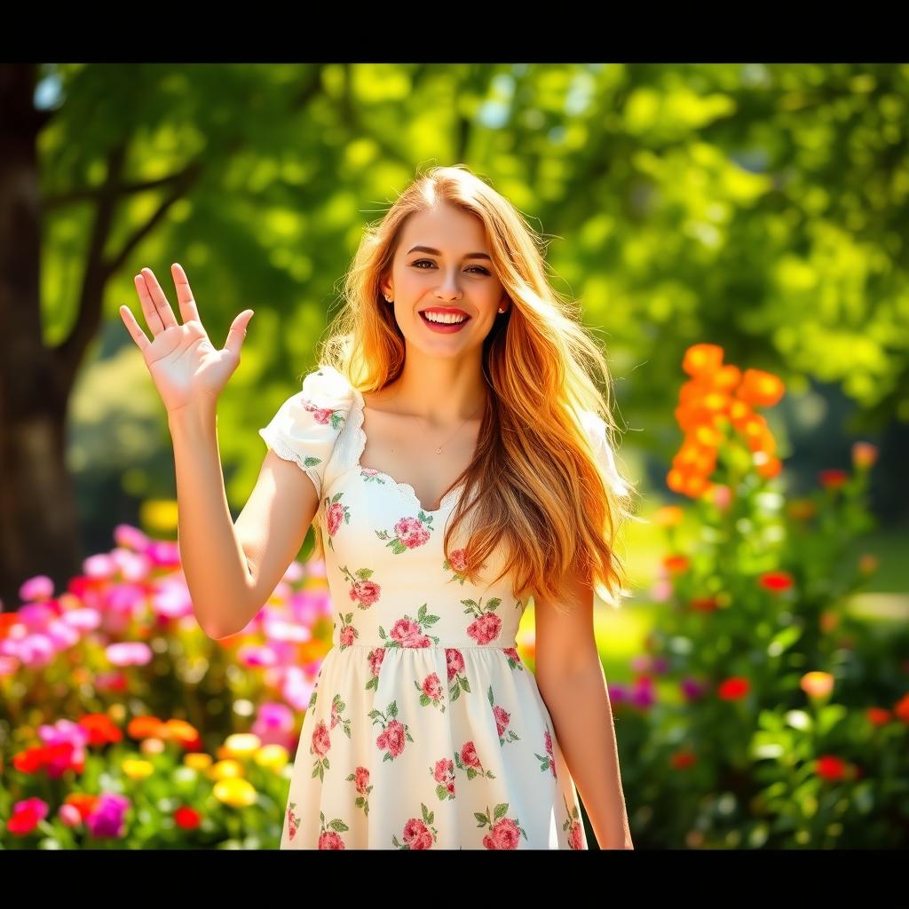 A cheerful woman standing in a sunny park, playfully waving and blowing a kiss towards the viewer