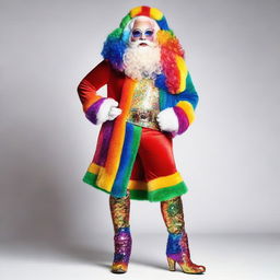 A full-body portrait of a Drag Queen Santa in technicolor, flaunting a rainbow-inspired Santa suit with extravagant accessories, bright makeup, sparkling high-heeled boots, and a multicolored beard.