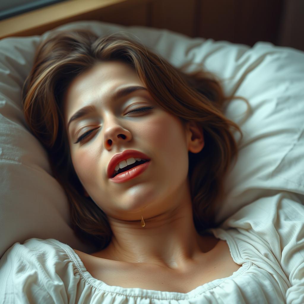 A realistic portrait of a woman sleeping peacefully on a soft pillow, her mouth wide open
