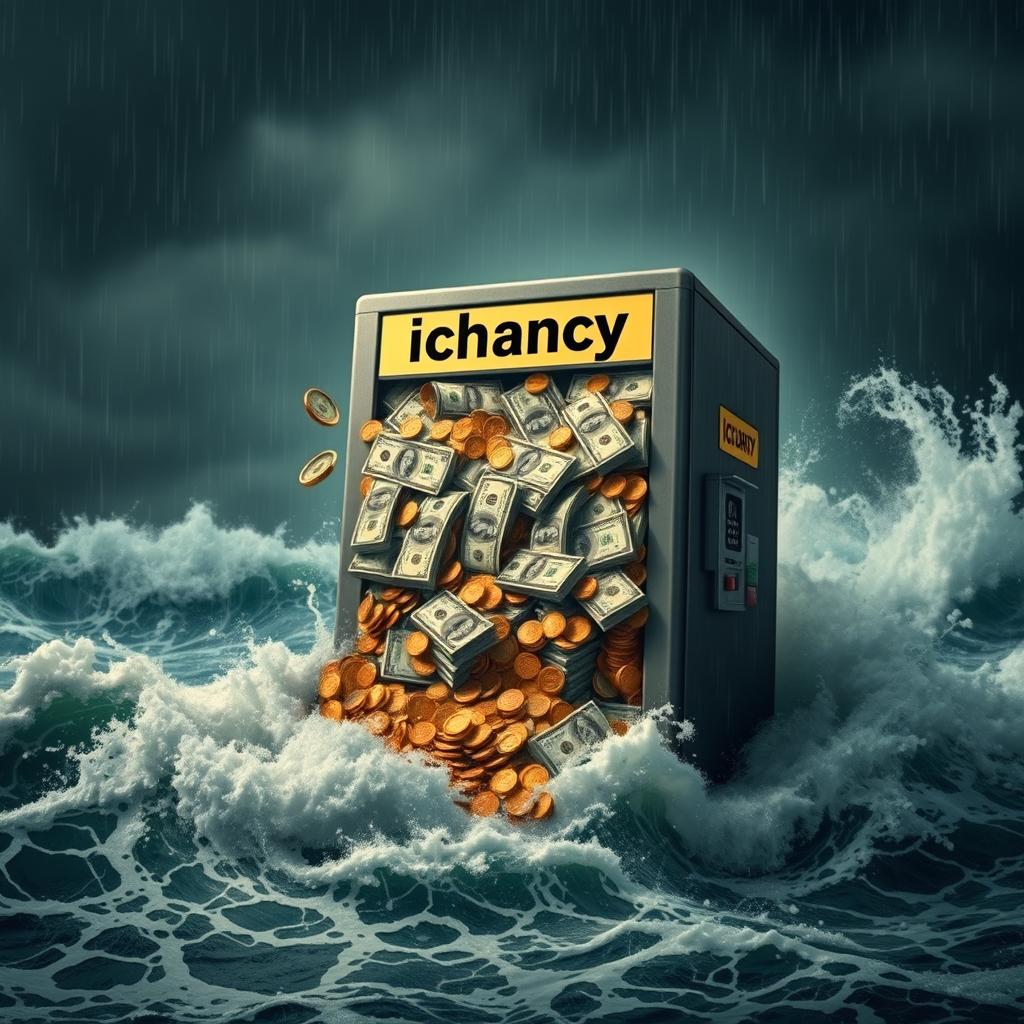 A strikingly realistic scene depicting a tumultuous sea with dark storm clouds overhead, heavy rain pouring down, and large waves crashing