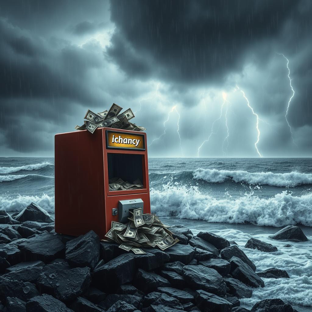 A dramatic scene at a stormy sea with dark clouds and heavy rain
