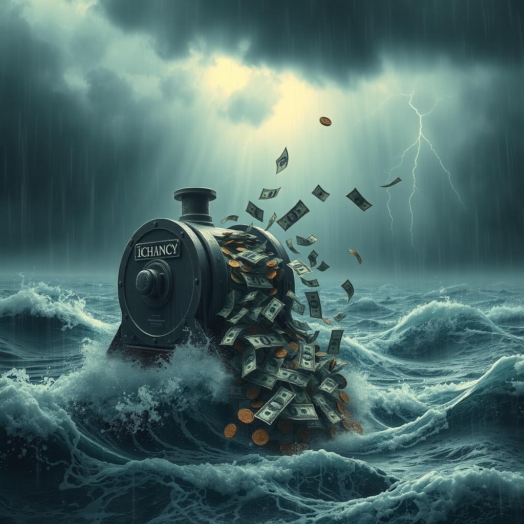 A realistic scene depicting a dramatic seascape under a rain-filled sky, with rain pouring down heavily