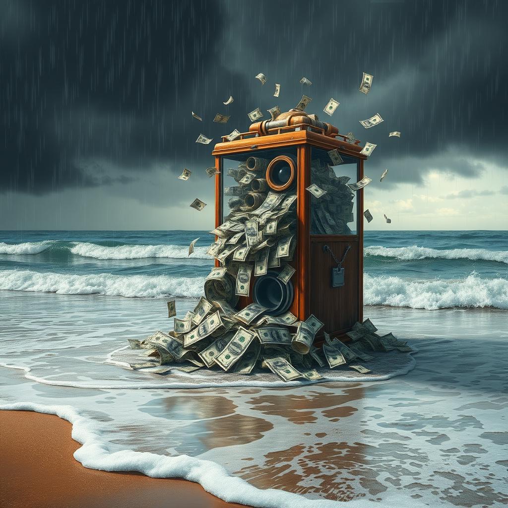 A realistic depiction of a beach scene under a rainy sky, with waves gently crashing on the shore