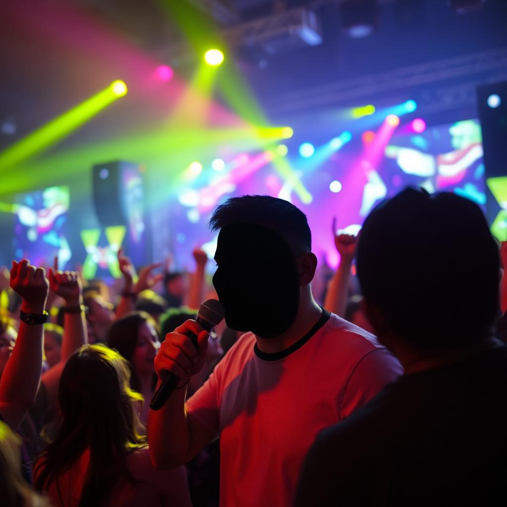 A scene featuring a crowd at a lively concert, with colorful stage lights illuminating the atmosphere