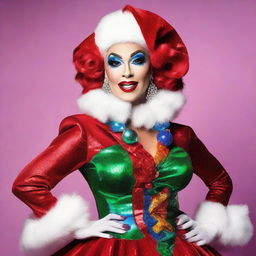 A vibrant and flamboyant drag queen Santa dressed in technicolor Christmas outfit.