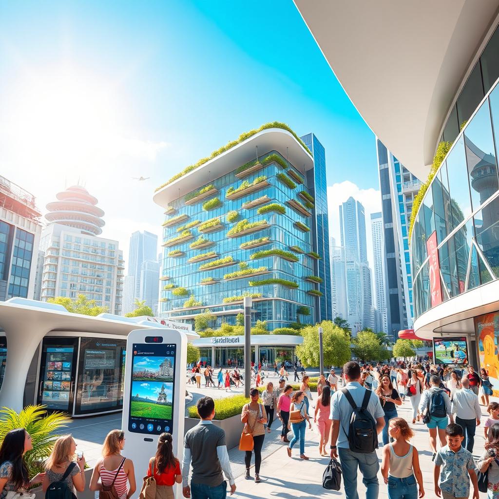 A vibrant and futuristic cityscape representing Smart Tourism through IoT technology