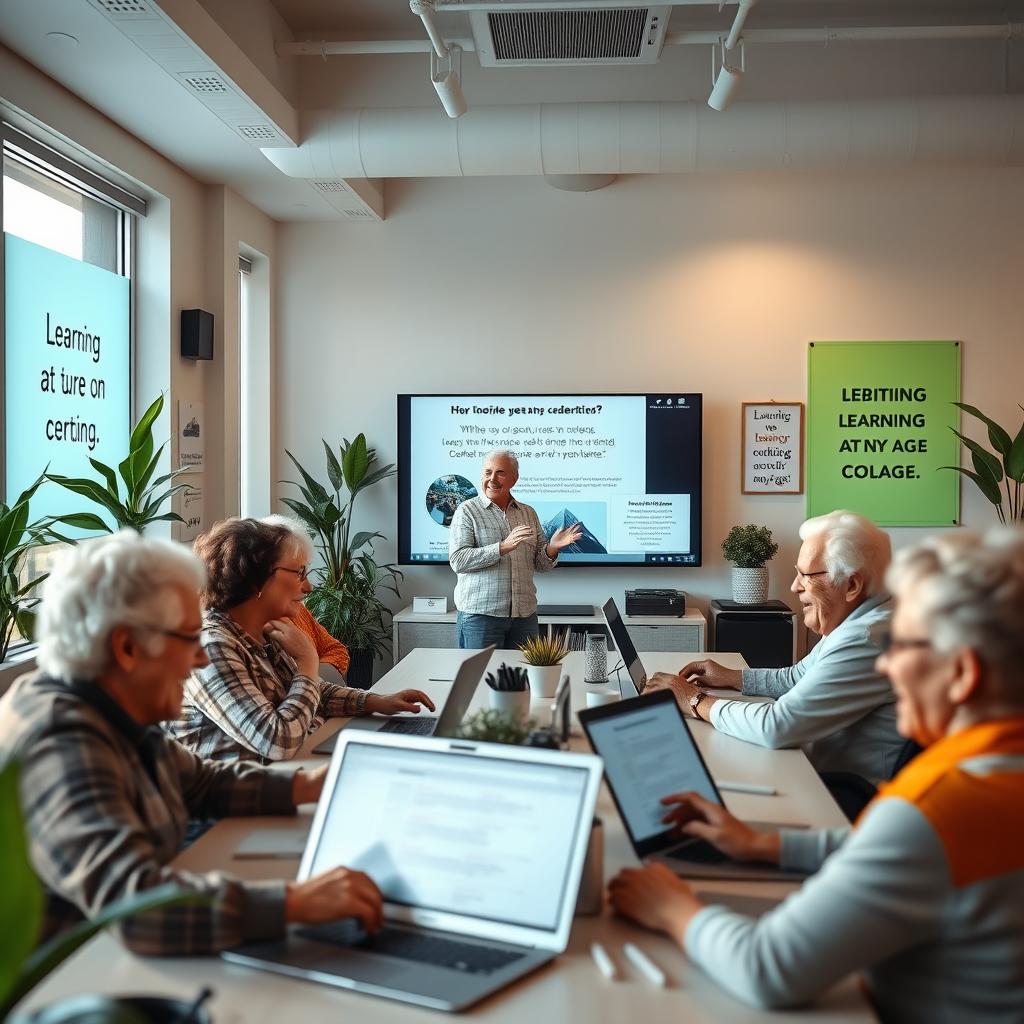 A warm and inviting scene depicting a multi-ethnic group of senior adults joyfully engaging in a computer class