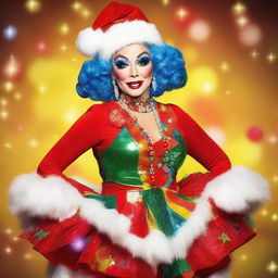 A vibrant and flamboyant drag queen Santa dressed in technicolor Christmas outfit.