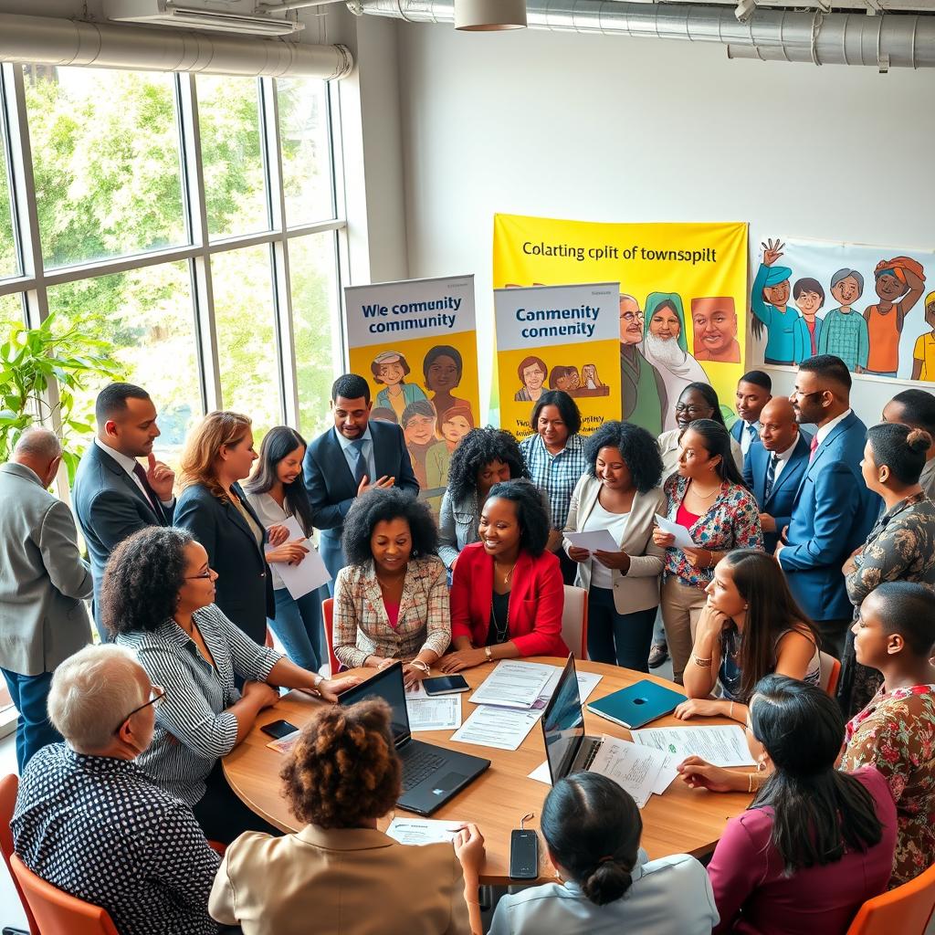 A vibrant and collaborative scene depicting a partnership between government officials and community members