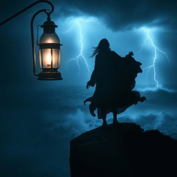 In a dark and stormy setting, shadows dance in the flickering light of a vintage lantern