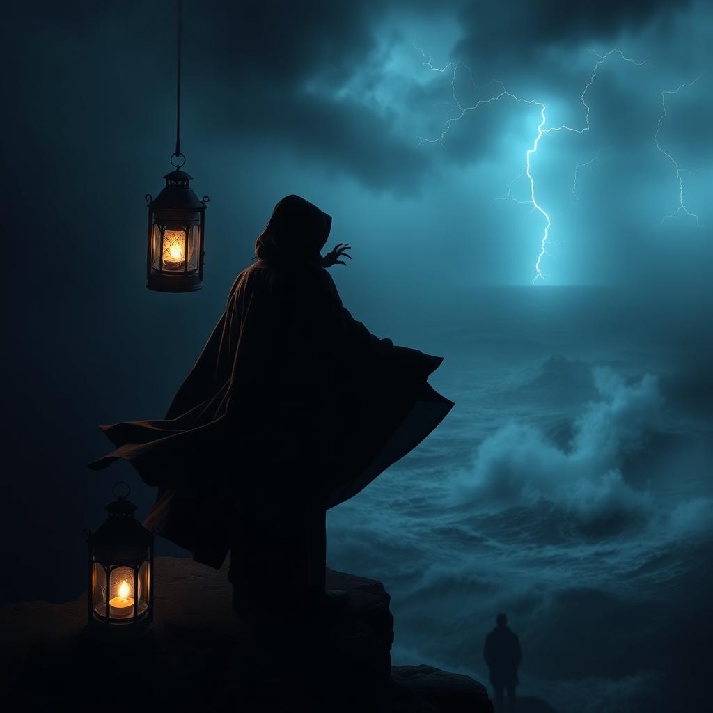 In a dark and stormy setting, shadows dance in the flickering light of a vintage lantern
