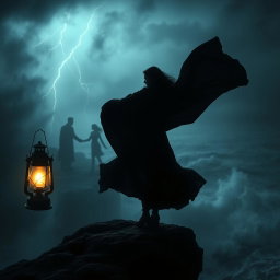 In a dark and stormy setting, shadows dance in the flickering light of a vintage lantern