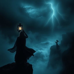 In a dark and stormy setting, shadows dance in the flickering light of a vintage lantern