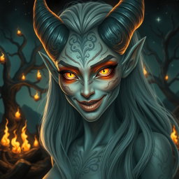A stunningly beautiful demon with an exquisitely perfect face, exuding an otherworldly allure