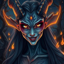 A stunningly beautiful demon with an exquisitely perfect face, exuding an otherworldly allure