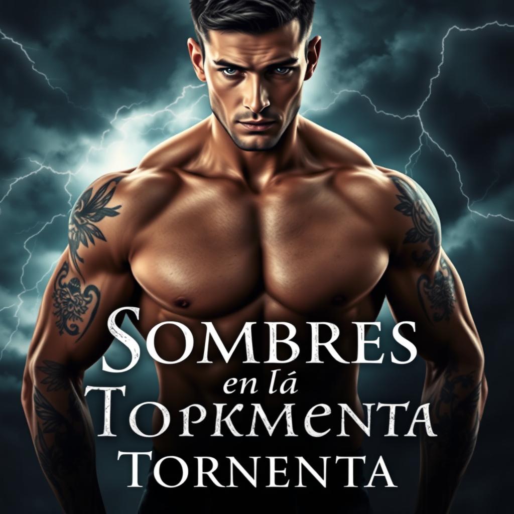 A handsome, muscular man with a perfect physique, exuding a dark and sensual aura, designed for a book cover titled 'Sombras en la Tormenta'