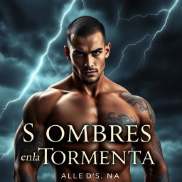 A handsome, muscular man with a perfect physique, exuding a dark and sensual aura, designed for a book cover titled 'Sombras en la Tormenta'