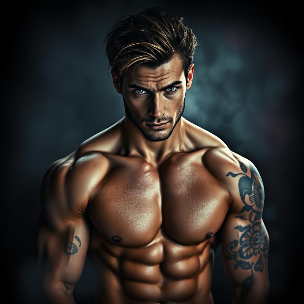 A strikingly handsome man with a perfect physique, embodying a dark and sensual aura, ideal for a book cover