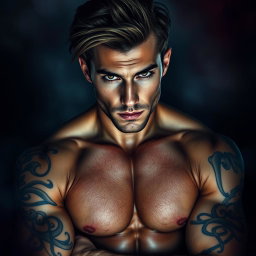 A strikingly handsome man with a perfect physique, embodying a dark and sensual aura, ideal for a book cover