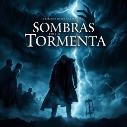 A captivating book cover for 'Sombras en la Tormenta', featuring an alluring, dark atmosphere filled with mystery