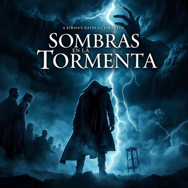 A captivating book cover for 'Sombras en la Tormenta', featuring an alluring, dark atmosphere filled with mystery