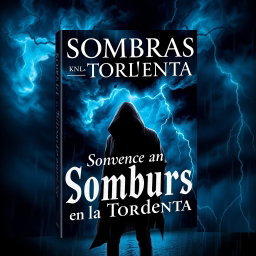 A captivating book cover for 'Sombras en la Tormenta', featuring an alluring, dark atmosphere filled with mystery