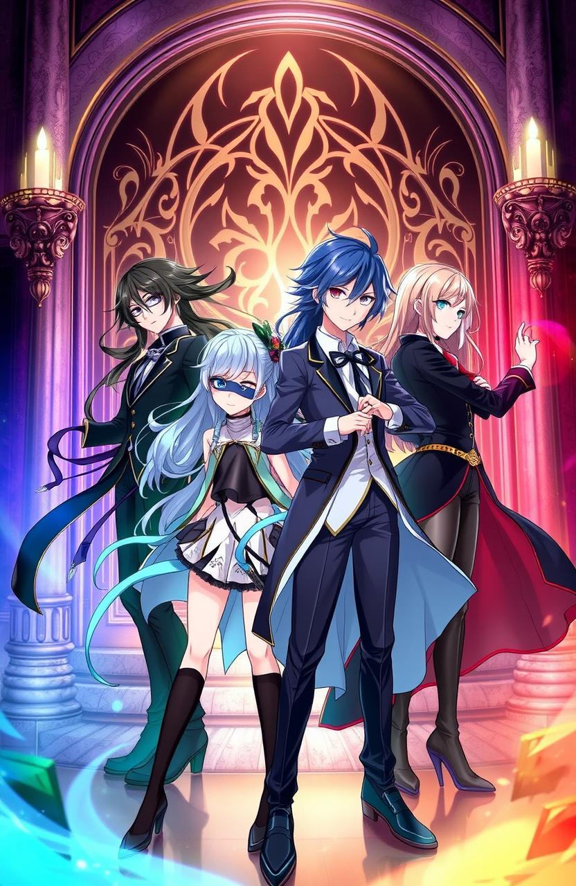 Four squad members in dynamic poses, set against a backdrop that beautifully blends elegance and mystery