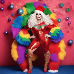 A vibrant and flamboyant drag queen Santa dressed in technicolor Christmas outfit.