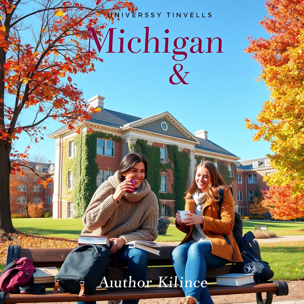 A captivating book cover for a university romance novel set in Michigan