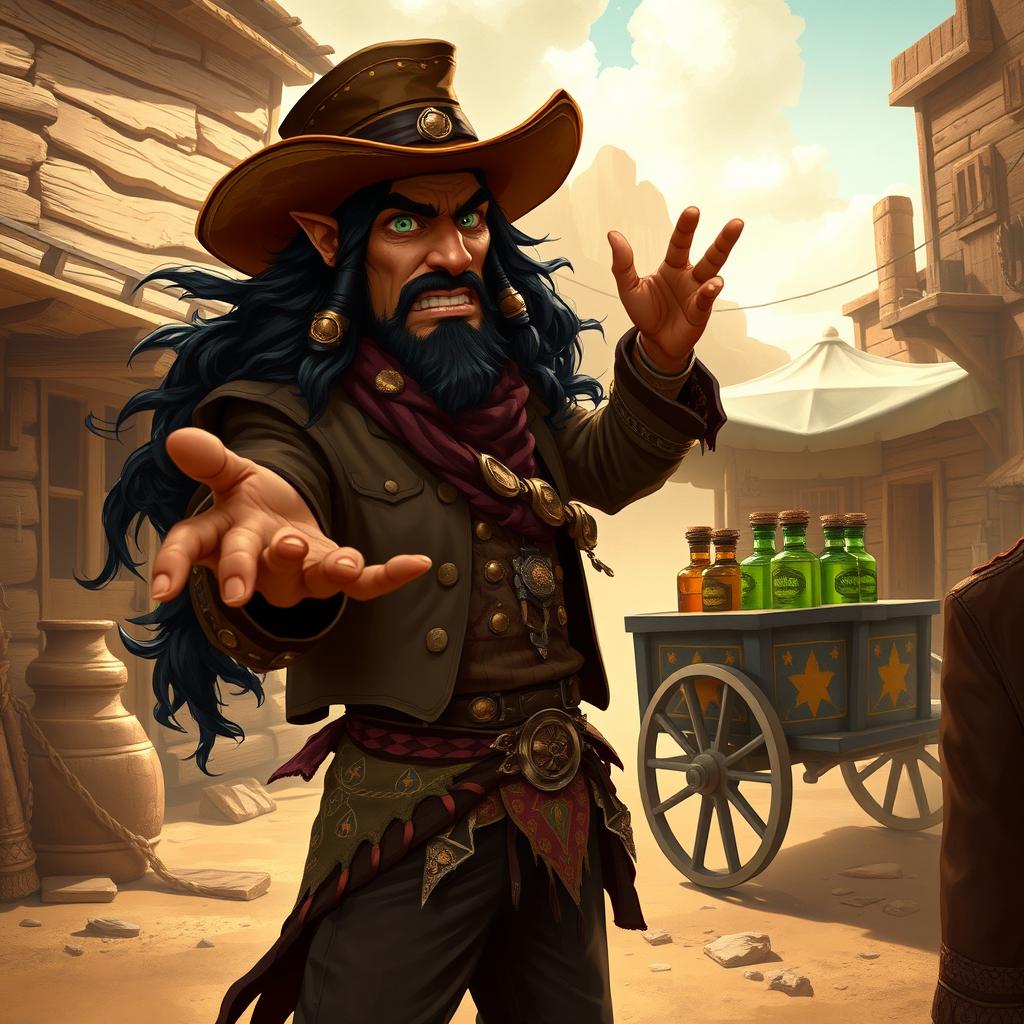 A half-orc snake oil salesman in the Wild West, showcasing his unique charm and charisma as a bard