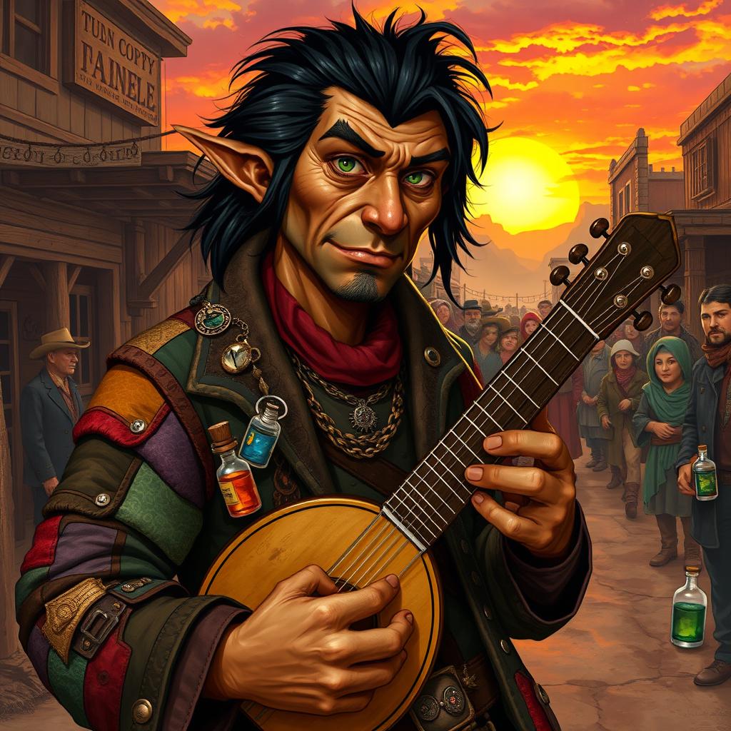 A half-orc snake oil salesman in a wild west setting, featuring a charismatic bard with black hair and striking green eyes