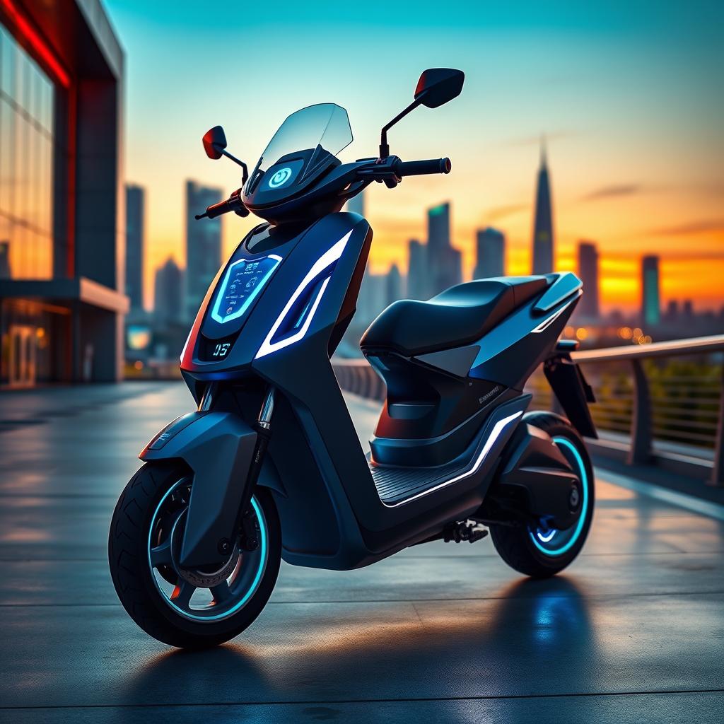 A futuristic scooter design, featuring sleek aerodynamic lines, glowing LED accents, and advanced technology