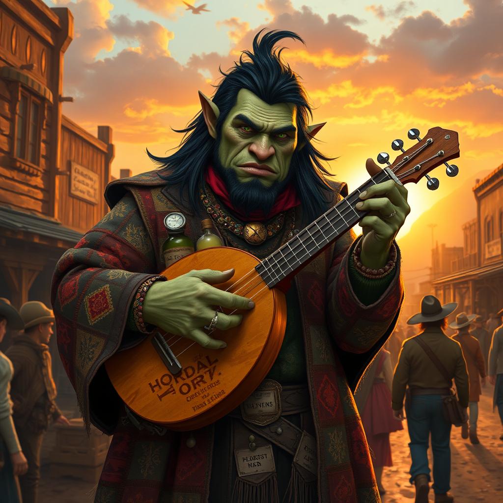 A tall half-orc snake oil salesman in a wild west setting, depicted as a charismatic bard with striking black hair and bright green eyes