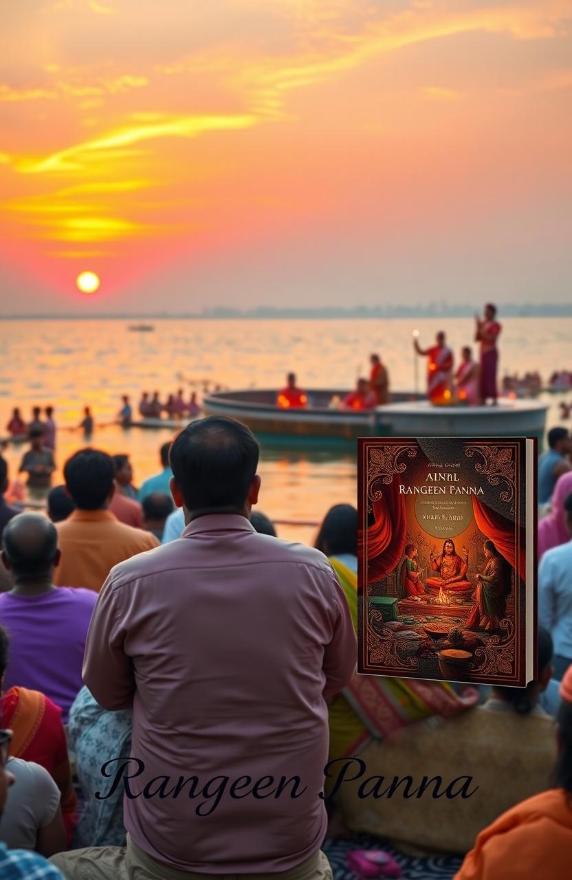 A scenic view of the Ganga River in India, with a colorful sunset casting a warm glow over the water