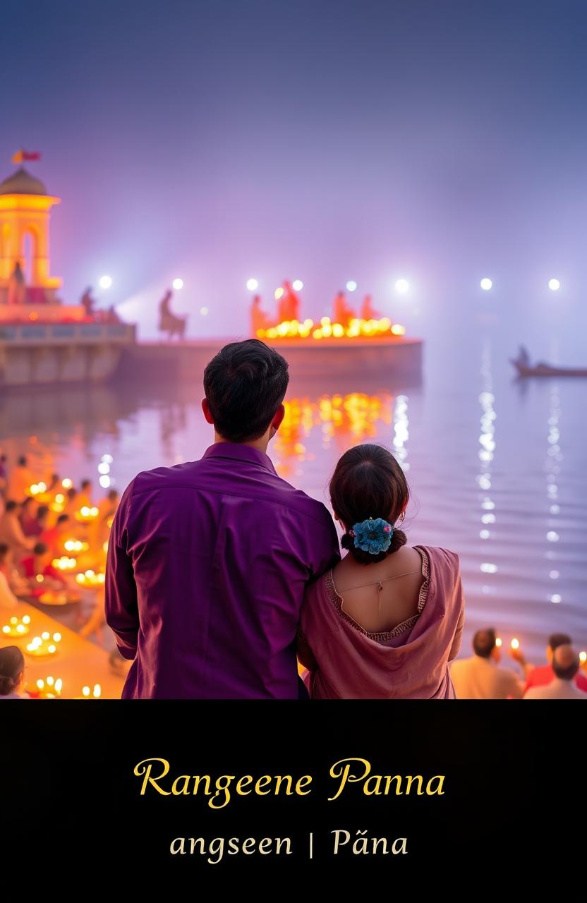 A serene scene at the Ganges River in India, depicting a man and woman sitting in the crowd, facing the river