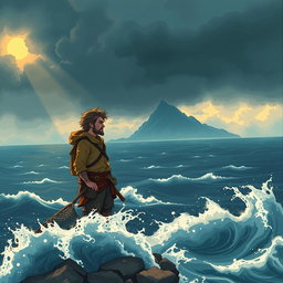 A captivating illustration depicting the main character, Kronus, a rugged fisherman in a coastal village, standing at the edge of a cliff overlooking a vast, stormy ocean