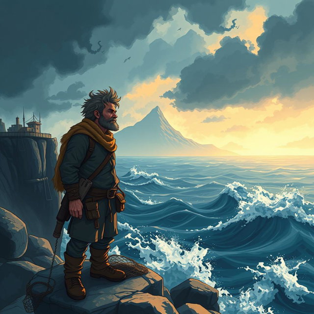 A captivating illustration depicting the main character, Kronus, a rugged fisherman in a coastal village, standing at the edge of a cliff overlooking a vast, stormy ocean