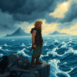 A captivating illustration depicting the main character, Kronus, a rugged fisherman in a coastal village, standing at the edge of a cliff overlooking a vast, stormy ocean