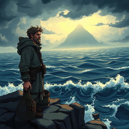 A captivating illustration depicting the main character, Kronus, a rugged fisherman in a coastal village, standing at the edge of a cliff overlooking a vast, stormy ocean