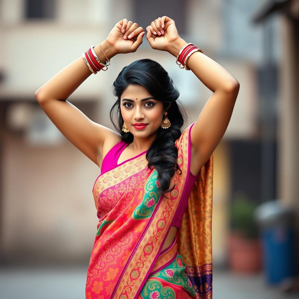 An Indian lady dressed in a vibrant, intricately designed sleeveless saree, her hair elegantly styled, stands with her hands handcuffed above her head
