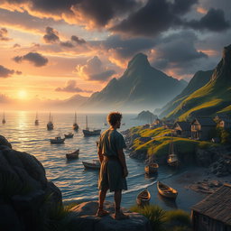 A dramatic and breathtaking landscape depicting a fishing village at dawn, with the sea gently lapping at the shore and a mysterious mountain range in the background