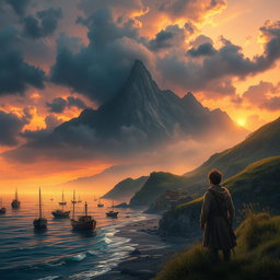 A dramatic and breathtaking landscape depicting a fishing village at dawn, with the sea gently lapping at the shore and a mysterious mountain range in the background
