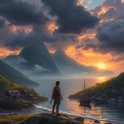 A dramatic and breathtaking landscape depicting a fishing village at dawn, with the sea gently lapping at the shore and a mysterious mountain range in the background