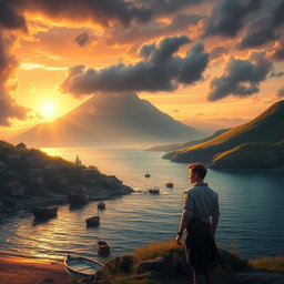 A dramatic and breathtaking landscape depicting a fishing village at dawn, with the sea gently lapping at the shore and a mysterious mountain range in the background